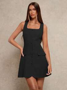 Glamine Early Spring New Square Neck Sleeveless Slimming Fake Pocket Commuter Versatile Elegant Open Front Short Dress For Women Black Dress - Black - View 3