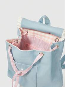 ROMWE Kawaii Cute Floral & Cartoon Print Romantic Bow Embroidered Lotus Splicing Women Fashion Backpack, Spring & Summer Girls Travel Rucksack, Suitable For Commuting, Outing - Blue - View 6