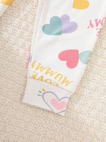 3pcs Baby Girl Snug Fit Crew Neck Short Sleeve, Long Sleeve Top And Long Pants Set, Colorful Heart Print, Comfortable Soft Fabric, Suitable For All Seasons Home Wear - Multicolor - View 7