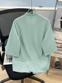 SHEIN 1 件青少年男孩休闲立领口袋纹理面料百搭百搭绿色衬衫