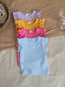 SHEIN LMoss Kids 4 chiếc áo thun cổ tròn xếp nếp màu trơn cho bé gái - Màu xanh lam - Xem 4