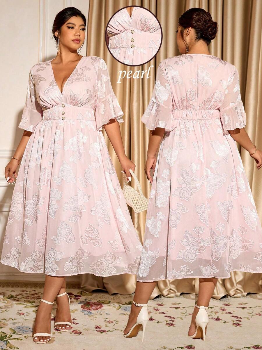 Cravure Plus Size Women Cutout Embroidery Double Pearls Button Dress, Holiday/Vacation Style, Prom - Pink - View 1