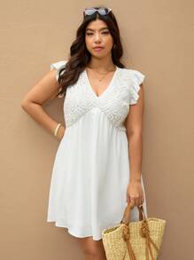 Elaquor Abito da spiaggia casual oversize ricamato in pizzo patchwork con scollo a V e maniche corte a campana