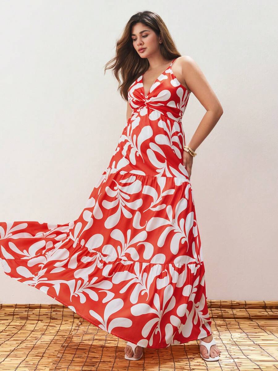 Maija Plus Size Women's Red And White Plant Print V-Neck Summer Boho Vacation Holiday Dress,Adjustable Straps Twist Front Ruffles Loose Hem Beach Outfits - Red - View 1