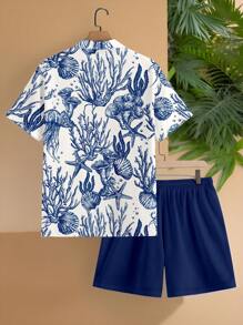 Manfinity RSRT Men's Ocean Animal Printed Blue Beach Set, Suitable For Summer - Blue - View 2