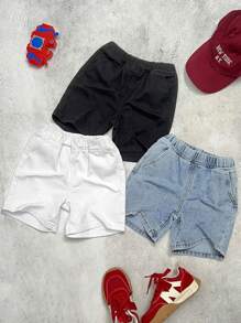 SHEIN 3 Stücke Set für Baby-Jungen, Sommer, Vintage, Distressed, Street, cooler Stil, lässig, für jeden Tag, blau, weiß und schwarz, Denim, Baumwolle, elastischer Bund, lockere Passform, Baggy-Jeans, kurzes Set, für Baby-Schulanfangskleidung und Streetwear-Outfits