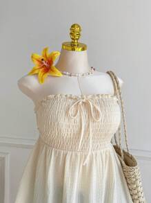 Comfortcana Plus Size Lace Hollow-Out Jacquard Tie Front Asymmetrical Hem Tube Top, Suitable For Spring And Summer