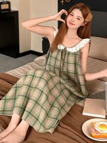 DAZY 甜美格子荷叶边领宽松吊带裙睡衣 - 綠色 - 查看 6