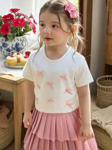 SHEIN Baju Kasual Musim Panas untuk Anak Perempuan dengan Hiasan Pita dan Rok Mini Lipit - Putih - View 2
