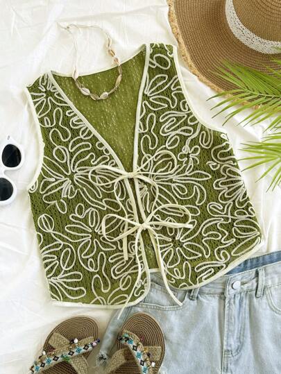 Soleia 大码女式绿色针织提花白色刺绣V领无袖系腰开衫上衣波西米亚风浪漫花卉度假风