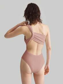 Ontre 2025春夏新款女士服饰情人节女士泳衣不对称单肩连体泳衣米白色镂空后背度假泳装 - 粉色 - 查看 2