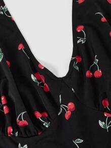 Sweetra Plus Size Halter Tie Waist Cherry Print Jumpsuit - Black - View 3