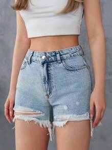 EURMUSE Ripped Raw Hem Denim Shorts - Light Wash - View 6