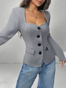 Muchica Women's Solid Color Sweetheart Neck Long Sleeve Single-Breasted Blazer In Fall/Winter - Light Grey - View 3