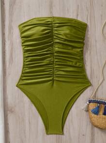 Swim Chiccia Women Solid Color Ruched Strapless One-Piece Swimsuit, Beach Summer Outfits