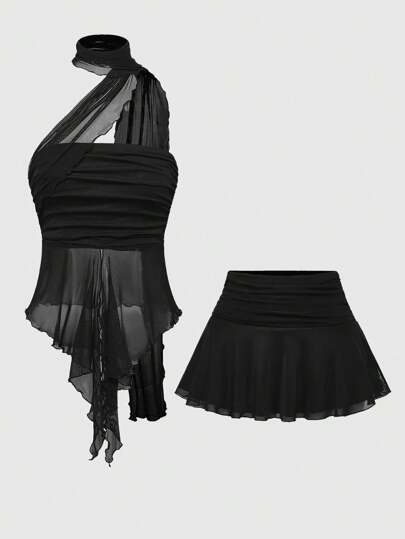 Y2K Sexy Modernist Detachable Mesh Scarf Halter Crop Top And Splice Rouched Mesh Mini Skirt Set For Women