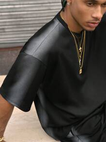 AXEPEAK 2pcs Set Men's Street Style Loose Fit Round Neck Short Sleeve T-Shirt And Shorts Outfit, Multiple Size Variations - Black - View 4