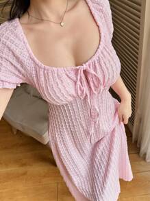 SHEIN Damen rosa Ausschnitt Jacquard Quadratausschnitt Schleife Vorne Lange Nachthemd Babydoll Pyjama Set Damen Nacht Lässig Kleider für Damen Sommer Kleider für Damen Urlaubssaison, Urlaub