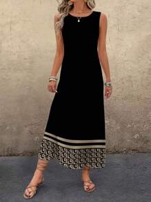 EMERY ROSE Plus Size Women Vintage Pattern Print Round Neck Casual Tank Dress, Summer Dresses For Women,Sundress Chic Dress