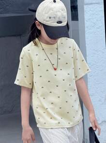 DAZY Mädchen Teenager Leoprint Rundhals T-Shirt mit Allover-Muster, Sommer, Schulanfangsmode