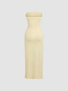 Sweetra Ruched High Slit Bandeau Bodycon Dress, Elegant - Yellow - View 2
