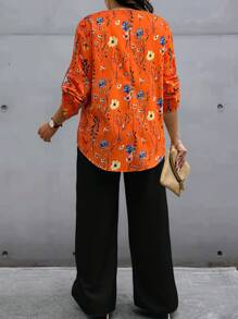 SHEIN LUNE 2pcs Plus Size Summer Random Floral Print Notched Neck Top And Pants Set - Multicolor - View 2