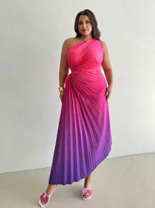 Firerie Women Plus Size Ombre Pleated One-Shoulder Sleeveless Elegant Dress - Multicolor - View 4