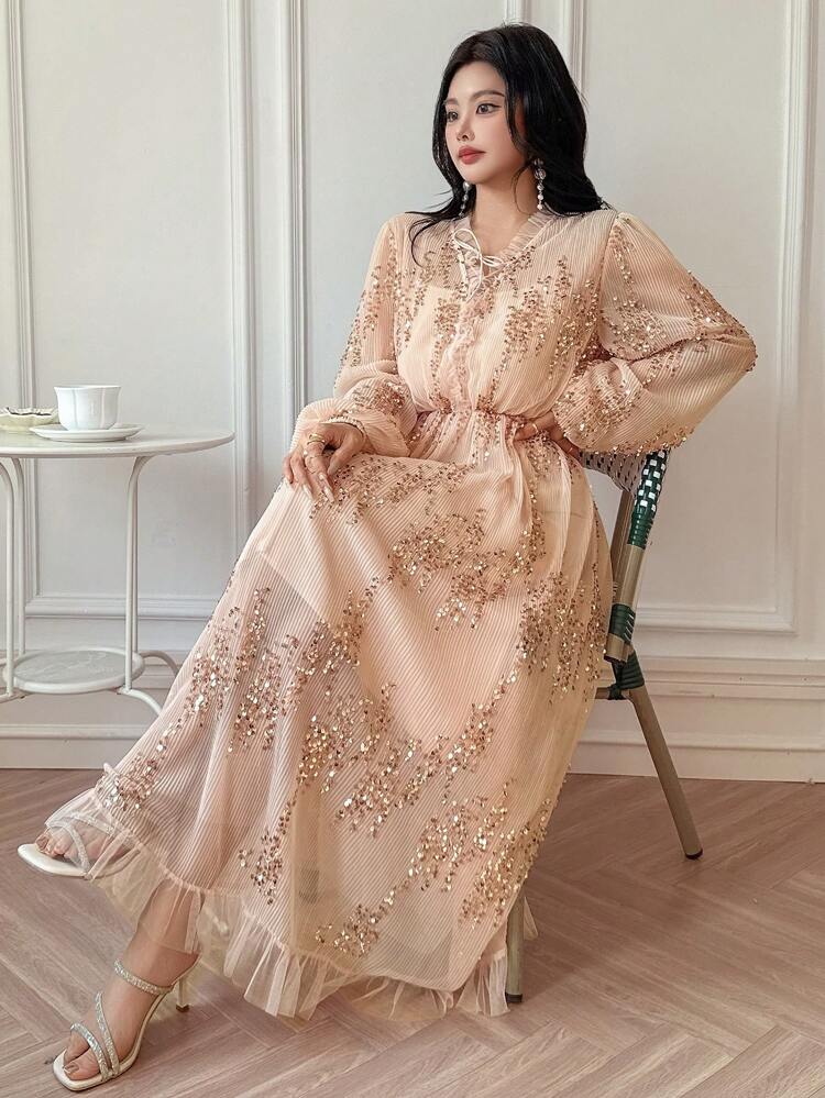 2 piezas Vestido largo con cintura anudada de gasa brillante con forro deslizante, vestido largo de manga larga para otoño, vestido de gala de lujo con lentejuelas, elegantes vestidos de mujer para carnaval y vestido brillante