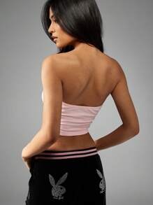 Missguided x Playboy 抹胸短款上衣露肩水钻标志夏季抹胸街头服饰 Y2K 时尚运动舞蹈俱乐部服饰休闲基本款弹力 - 粉色 - 查看 2