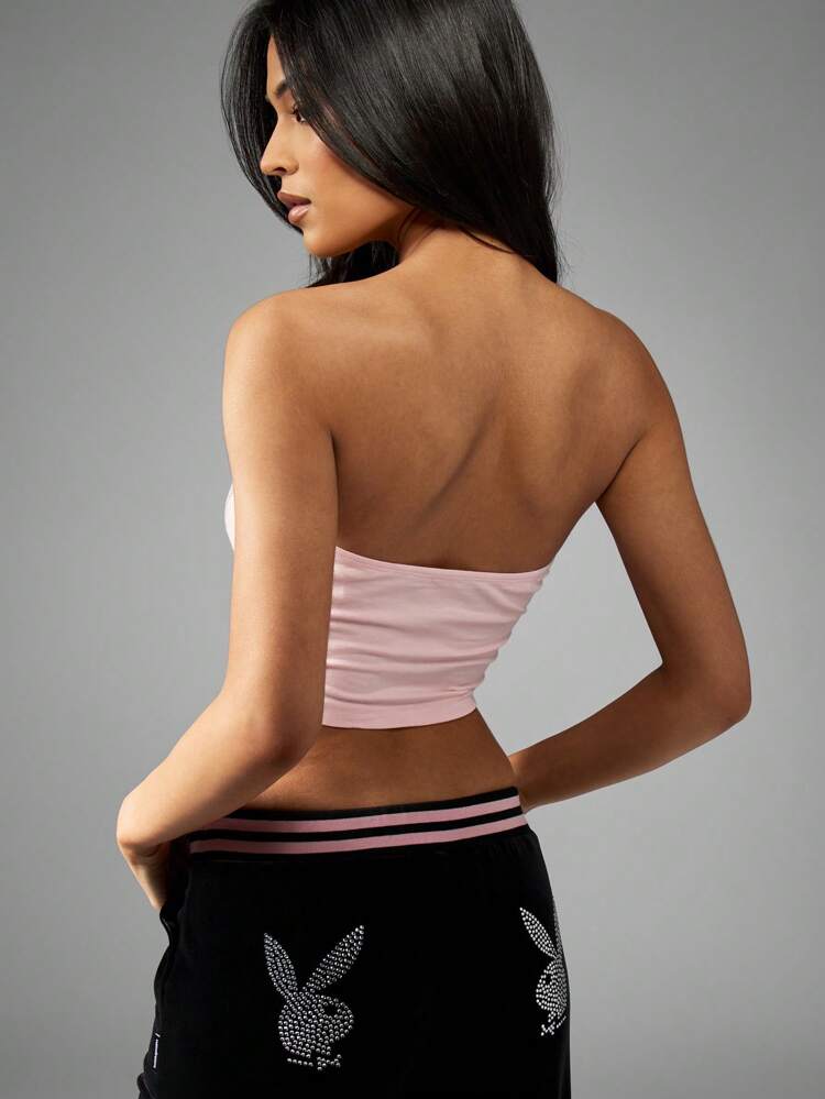 Missguided x Playboy Bandeau Crop Top Strapless Rhinestone Logo Summer Tube Top Streetwear Y2K Fashion Athletic Dance Club Wear Casual Basic Elastic