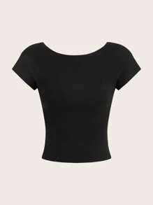 SHEIN Essnce 4 piezas de camisetas de mujer de cuello redondo, ajustadas, con espalda calada, de estilo casual y liso, versátiles para el verano