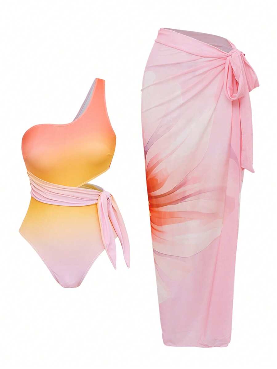 Swim Oasis 2pcs/Set Women Ombre Floral Print Cutout One Shoulder Ruched Mesh Tankini Swimsuit Set For Summer Beach Vacation - Multicolor - View 1