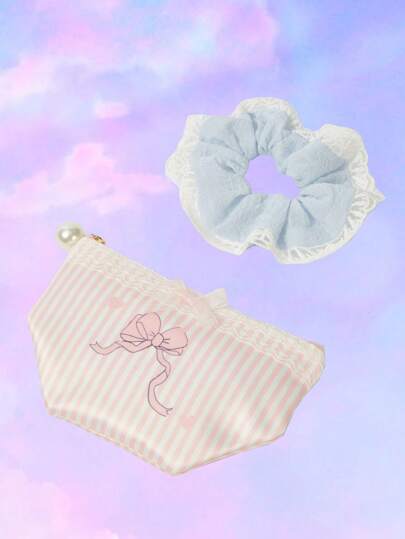 Kawaii 2 pièces/set Mignonne bourse compacte à monnaie/sac à cosmétiques et élastique à cheveux avec motif de cœur rayé rose et nœud en dentelle