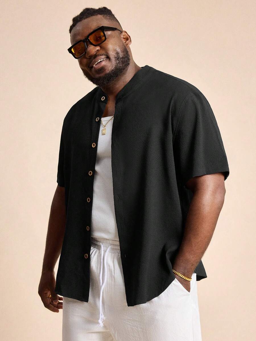 EASEVO Plus Size Men's Casual Loose Woven Short Sleeve Shirt, Fashionable And Daily Wear - Black - View 1