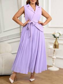 SHEIN Clasi Váy xếp ly không tay màu trơn thanh lịch cỡ lớn - Màu tím - Xem 7