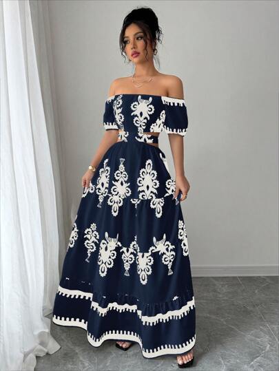 Breezaya Off-Shoulder Short-Sleeve Crop Tie Printed Dress. The Elegant Off-Shoulder Design Highlights Charming Collarbones And Shoulders. The Short-Sleeve Cut Offers A Refreshing Wearing Experience. The Crop Tie Design Cleverly Outlines The Slim Waistline. The Unique Textured Fabric Endows The Dress With A High-Grade Texture. The Overall Look Is Fashionable And Eye-Catching.