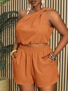 Slaydiva 大码两件套女士休闲夏日度假装 - 纯色无袖扭纹下摆短款上衣和口袋短裤，梭织面料 - 橘色 - 查看 3