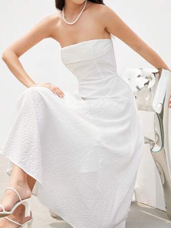 SHEIN Privé 优雅折叠露肩纯色提花无袖连衣裙，适合度假