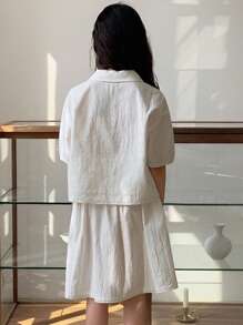 Dazy Kids Tween Girl Puff Sleeve Button-Up Shirt & Mini Skirt 2pcs Set - White - View 2