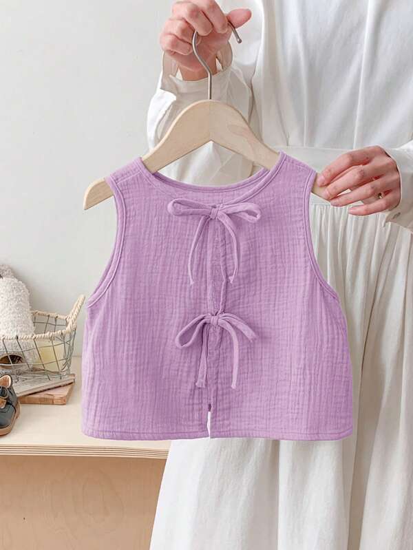 SHEIN LMoss Kids LMoss Young Girl Casual Bow Details Loose Backless Tie Textured Fabric A-Line Tank Top Spring Summer