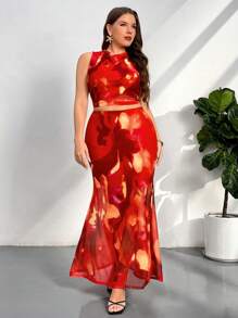 Firerie Plus Size Women Summer New Comfortable Casual Elegant Daily Holiday Beach Hawaiian Date Party Pool Side Tulle Tie-Dye Random Print Stretchy Camisole And Stretchy Fish Tail Skirt 2 Pieces Set