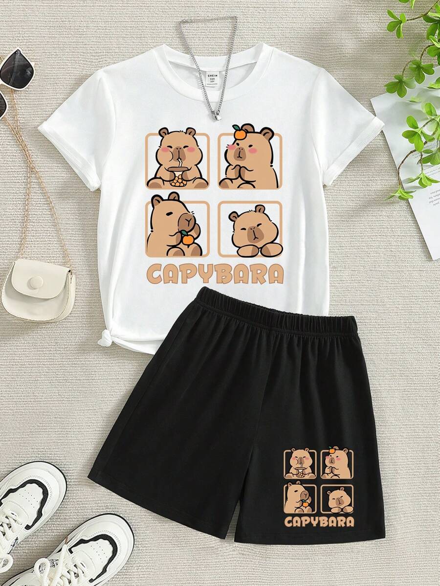 2pcs/Set Tween Girl Capybara Cartoon Print Round Neck Short Sleeve White T-Shirt And Black Knit Shorts, Cute Summer Outfit - Black - View 1