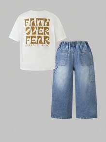 Set de 2 prendas casuales para niños: Camiseta con estampado gráfico y pantalones capri de mezquilla retro, verano