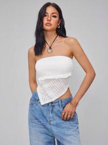 Roylia Fashionable & Sexy Bandeau Patchwork Lace Asymmetric Hem Women Crop Top - Apricot - View 5