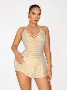 Sirith Women's Summer Textured Halter Mini Dress - Apricot - View 3