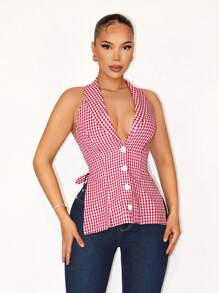 Zolique Women's 2025 Red And White Plaid Deep V-Cut Backless Suit Vest,Summer Seksi Chic Vacation Suit Vest For Parties,Cocktail & Business Meetings - Multicolor - View 1