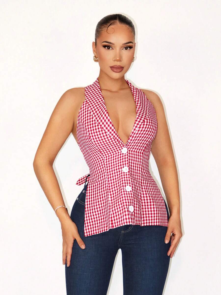 Zolique Women's 2025 Red And White Plaid Deep V-Cut Backless Suit Vest,Summer Seksi Chic Vacation Suit Vest For Parties,Cocktail & Business Meetings - Multicolor - View 1