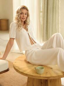 Women's Sexy Bow Romantic Pajama Set - White - View 3