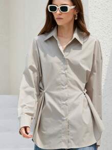 TrendSteals 女士休闲通勤时尚可调节宽松领口不对称舒适长袖衬衫 - 淺灰色 - 查看 4