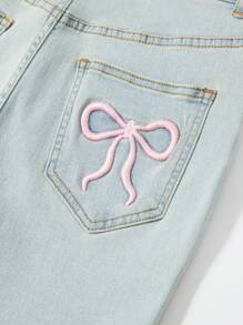 Sparklyn Quần jeans ống rộng cạp cao có thể điều chỉnh co giãn cho bé gái/trẻ vị thành niên thường ngày dạo phố thanh lịch & dễ thương Y2K màu xanh nhạt retro hồng thêu nơ - Rửa nhẹ - Xem 11